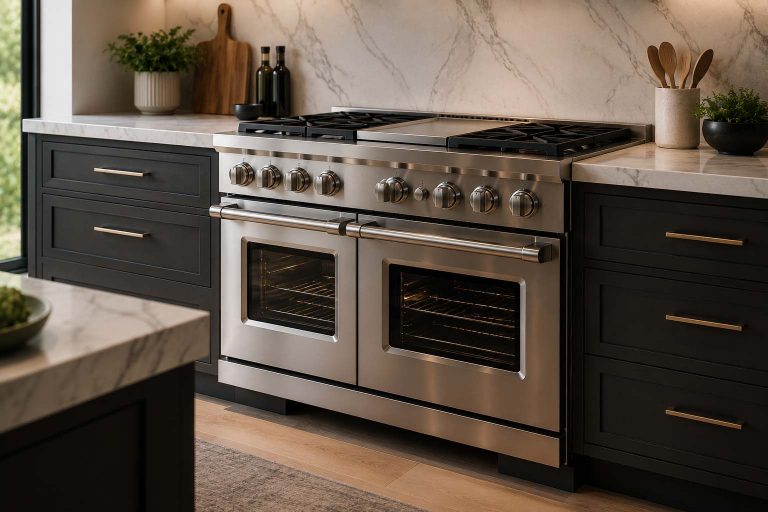 Luxury kitchen featuring stainless Viking oven with dual range design