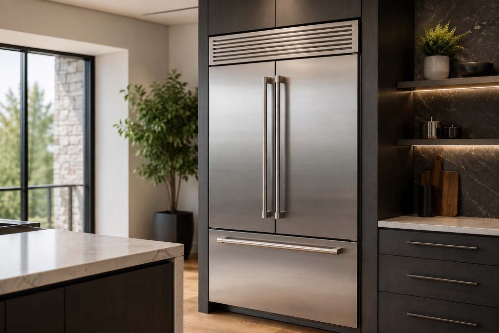 Modern kitchen with stainless Viking refrigerator and sleek cabinetry