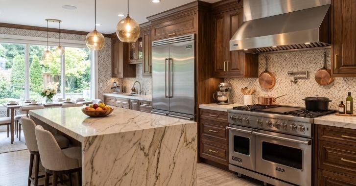 Viking professional range and built-in refrigerator in a well-maintained luxury kitchen