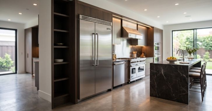 Viking Professional stainless-steel range and built-in refrigerator in a luxury kitchen Inline