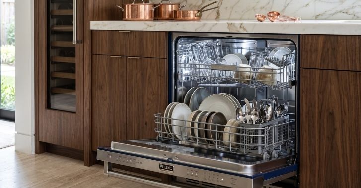 Open Viking stainless steel dishwasher showing interior racks in a modern kitchen