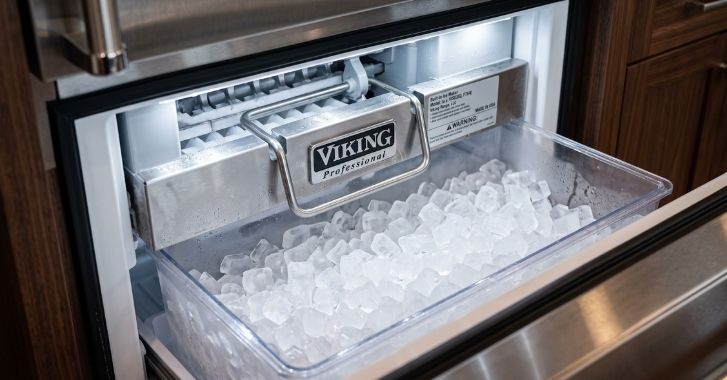 Close-up of a Viking built-in refrigerator ice maker and ice bin