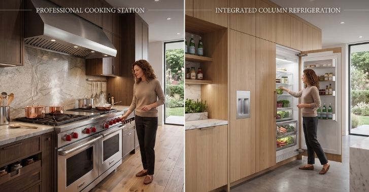 Luxury kitchen with a pro-style range and a built-in column refrigerator