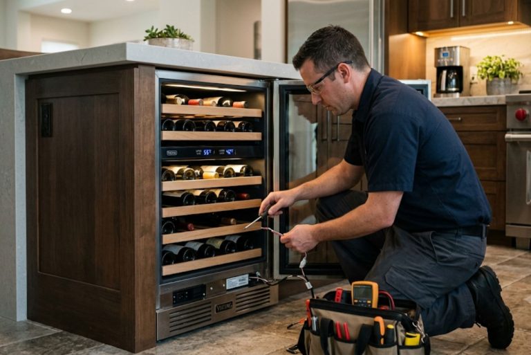 Built-in Viking ice maker and undercounter wine cooler in a home kitchen Inline