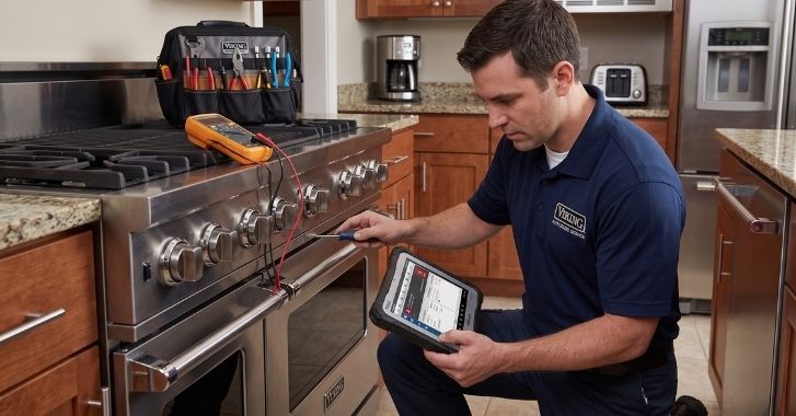 Uniformed appliance technician diagnosing a Viking range with tools and a tablet