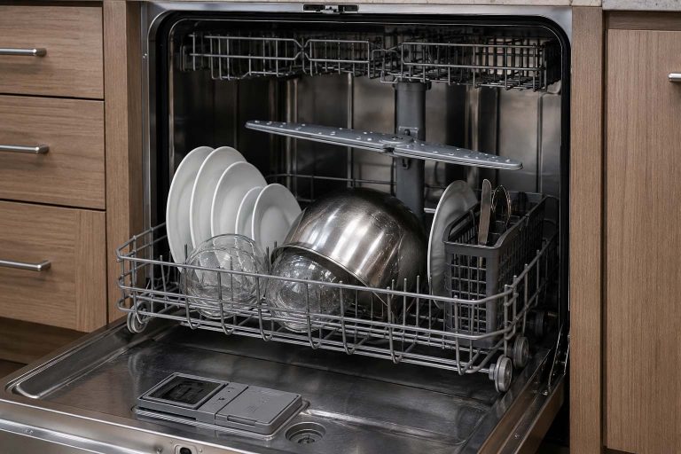 Open Viking stainless dishwasher with dishes on the lower rack and spray arm