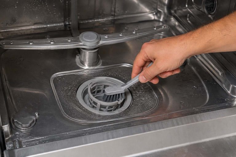Cleaning a Viking dishwasher sump and filter with a soft brush