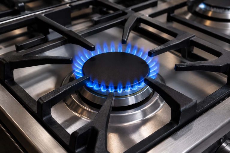 Viking gas range burner with a full blue flame ring on a stainless cooktop
