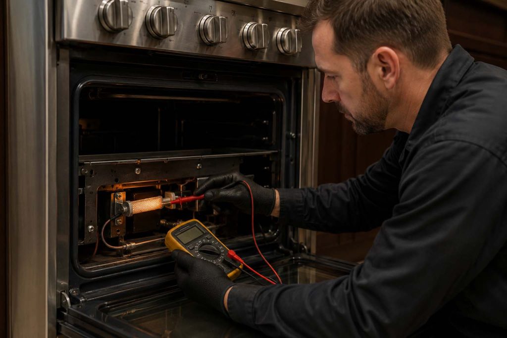 Technician testing the hot-surface igniter in a Viking gas oven that is not heating
