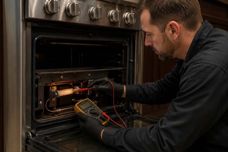 Technician testing the hot-surface igniter in a Viking gas oven that is not heating