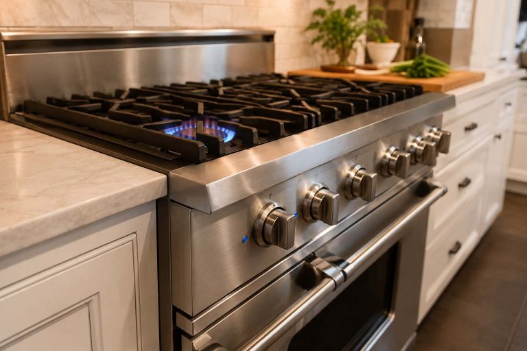 Stainless Viking professional range with control knobs and a lit gas burner in a home kitchen