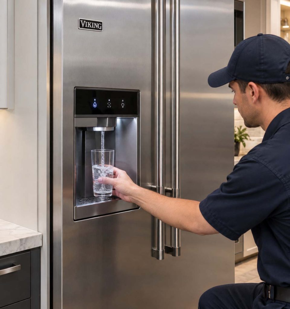 Viking built-in refrigerator with a through-the-door water dispenser being tested by a technician holding a glass